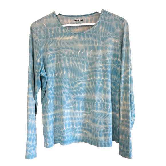 Lands' End Swim Shirt Rash Guard Top Women’s Large Blue & White Beach Cover Up - Picture 2 of 12